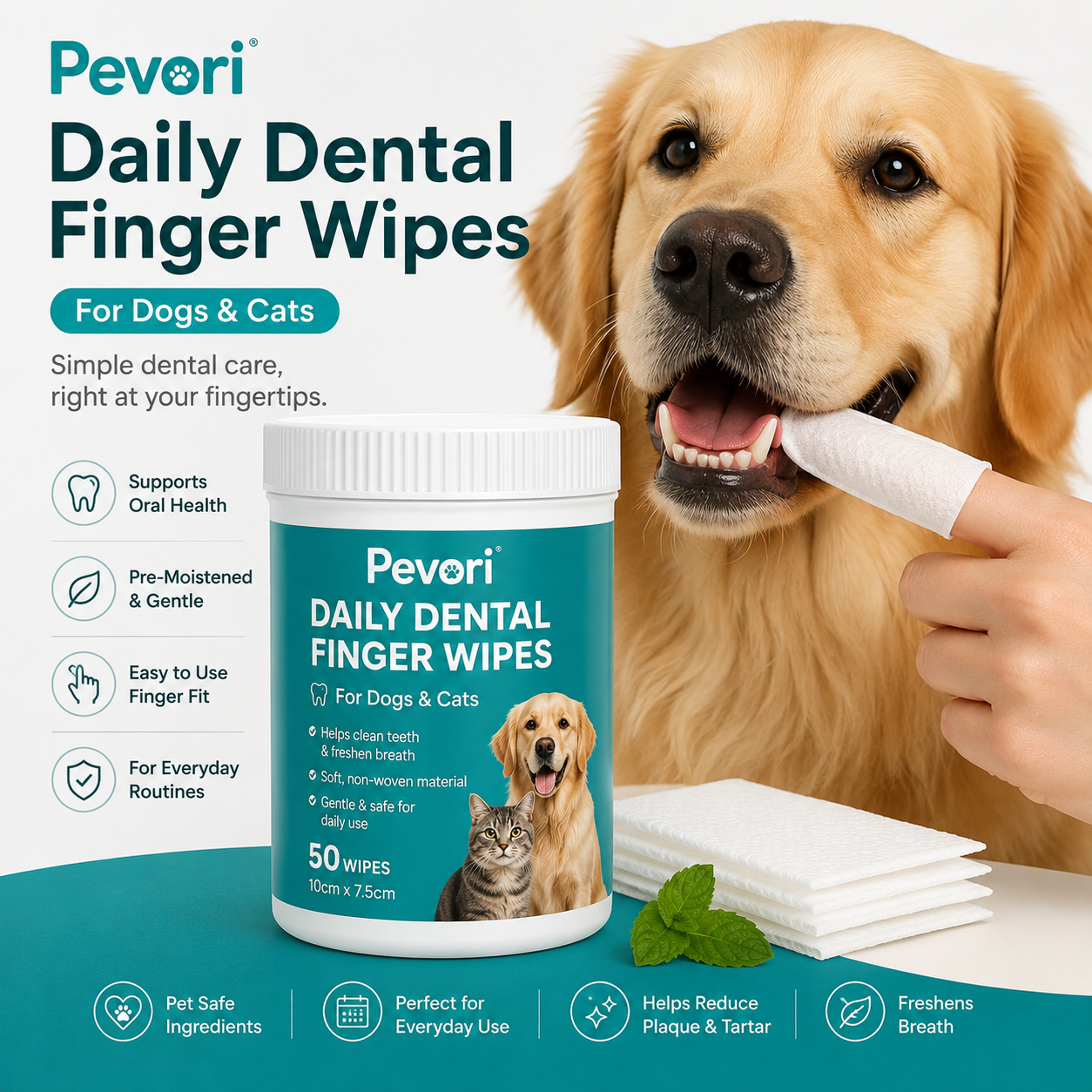 Pevori Daily Dental Finger Wipes — 50 Pack